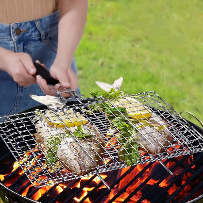 Folding Portable Stainless Steel BBQ Rack Grilling Baskets with Removable Handle